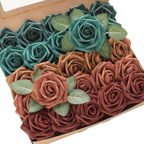 Floroom Artificial Flowers 25pcs Real Looking Teal Green Terracotta Ombre Colors Foam Fake Roses with Stems for DIY Wedding Bouquets Bridal Shower Centerpieces Floral Arrangements Tables Decoration by Floroom