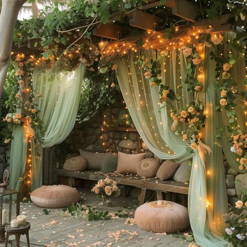 Fomcet Tulle Backdrop Curtains with Lights Sage Green 10x8ft Sheer Curtain - Image 7