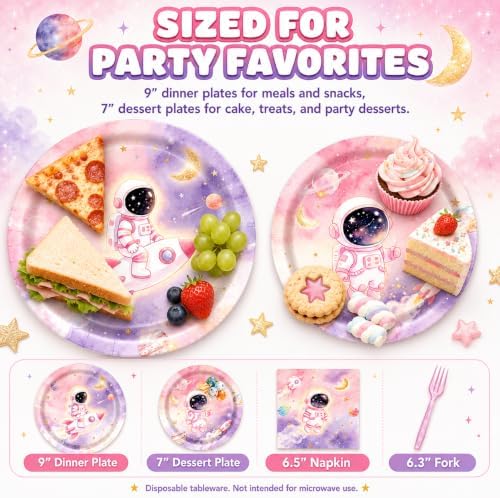 Outer Space Birthday Party Supplies for Girls, 96 Pcs Astronaut Disposable Tableware Set with 9 Inch and 7 Inch Paper Plates, Napkins and Forks, Pink Galaxy Decorations for 24 Guests Baby Shower - Image 6