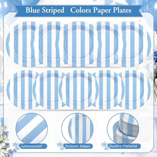 Mimorou 175 Pcs Light Blue and White Striped Party Tableware for 25 - Image 4