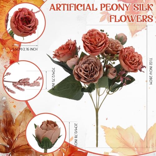 Geosar 16 Bundles Artificial Peonies Flowers,Orange, Brown - Image 2