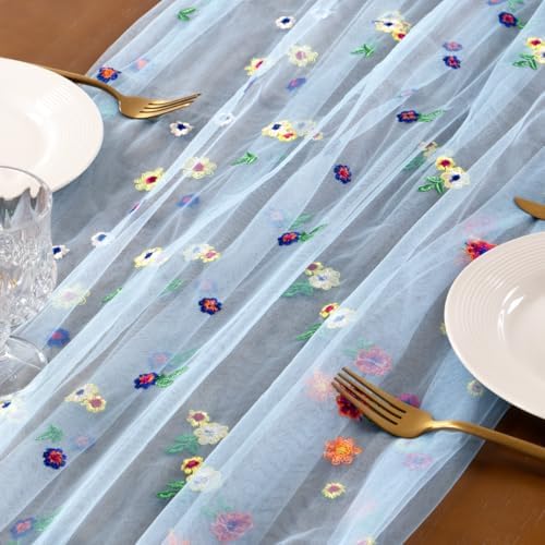 Flower Table Runner Fall Daisy Floral Tulle Cheesecloth Wedding Decor - Image 4