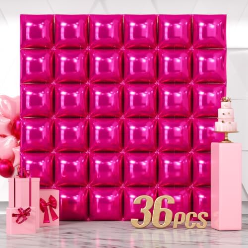 NISOCY 36PCS Hot Pink Square Foil Balloons Wall Backdrop by NISOCY