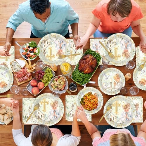 96Pcs First Communion Plates and Napkins for Baptism God Bless Party Supplies Green Mi Primera Comunion Paper Dessert Plates Tableware Set for Boy 24 Guests Baby Birthday Christening Party Decorations - Image 6
