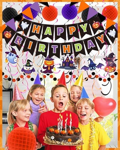 Oomloid Halloween Birthday Party Decorations - Happy Halloween Birthday Banner, Hanging Swirl Streamer, Triangle Flag Bunting for Party Supplies Decorations - Image 6