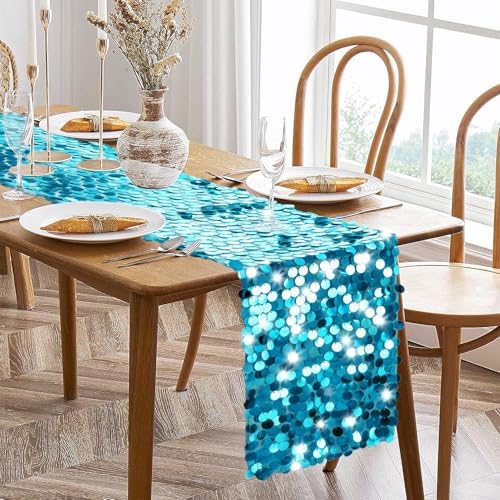 VHH Sequin Table Runner 12 x 108 inches Turquoise Table Runner, Glitter Runner for Party Wedding Birthday, Party Spring Easter Rustic, Birthday Supplies Decorations (1 Pack). - Image 3