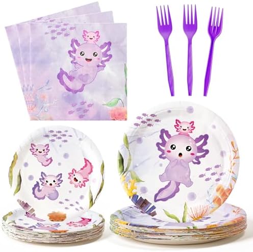 96Pcs Purple Axolotl Cute Cartoon Animals Party Plates Supplies Tableware Decorations Disposable Paper Plates Napkins Forks for Kids Birthday Baby Shower, Serves 24 by G1ngtar