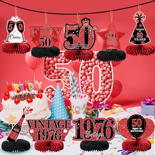 9Pcs 50th Birthday Decorations Red and Black 50th Birthday Party Decorations for Women,Happy 50 Years Vintage 1976 Aged Honeycomb Centerpieces Table Sign Decor Supplies - Image 5