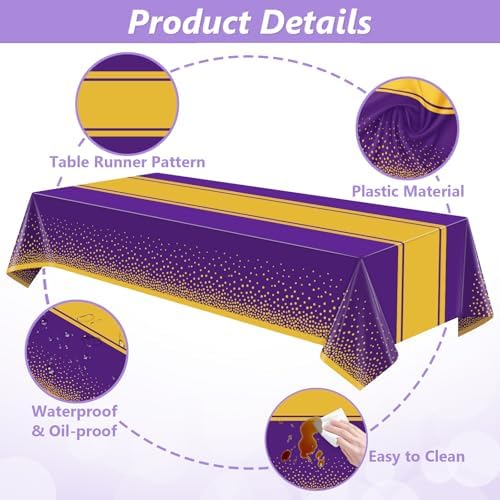 LANLISA Purple and Gold Tablecloth Graduation Decorations 2025 12 Pack, Disposable Plastic Table Cloths for Birthday Masquerade Retirement Party Decor - Image 5