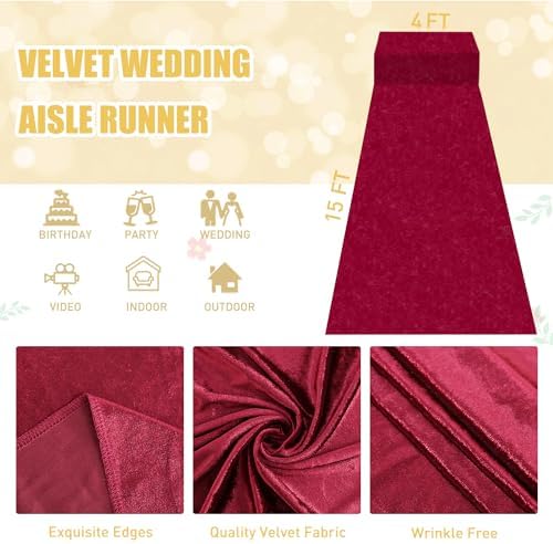 FUHSY Burgundy Aisle Runner for Weddings Velvet Aisle Runners 4FTx15FT Bridal Wedding Floor Runner Party Aisle Runner Rug Carpet Aisle Runners for Ceremony Indoor Outdoor - Image 2