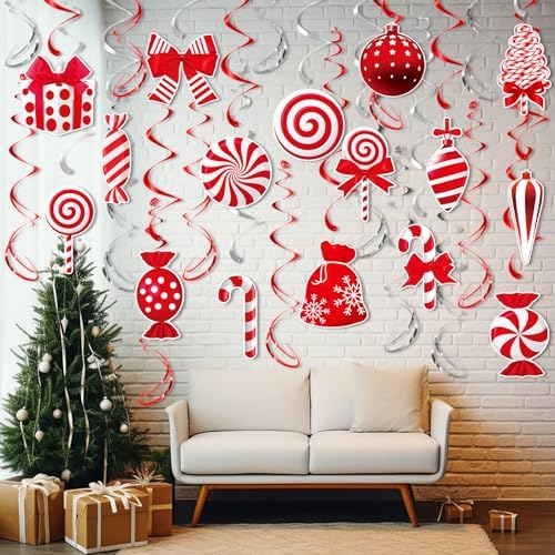 Christmas Hanging Swirls Decorations - Red White Christmas Party Decorations Xmas Peppermint Candy Cane Hanging Ceiling Decor for Home Xmas Winter Holiday Party Decor - Image 4