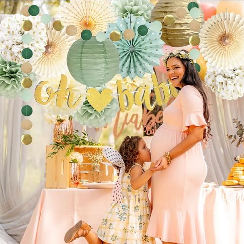 Sage Green Baby Shower Decorations Oh Baby Banner Tissue Paper Pom Poms Flowers Paper Fans Circle Dot Garland Neutral Party Supplies Boy Girl Gender Reveal Birthday Party Decorations - Image 3