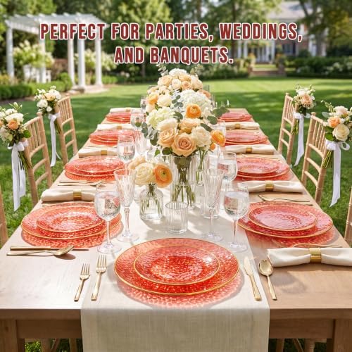 Rubtlamp 60 Pcs Red Plasitc Plates, Gold Red Disposable Plates, Fancy Party Plates, Hammered Plastic plates Include 30 Dessert Platos, 30 Dinner Platos for Party - Image 6