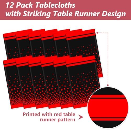 LANLISA Red and Black Tablecloth Party Decorations 12 Pack, Disposable Plastic Table Cloths for Birthday Graduation Retirement Masquerade Party Decor - Image 4