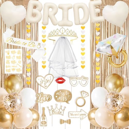 60PCS Bride To Be Decorations, Champagne Gold Bachelorette Party Decorations Include Bride To Be Sash Veil Crown Tattoo Stickers Photo Props Fringe Curtain for Wedding Bridal Shower Decorations by Unknown