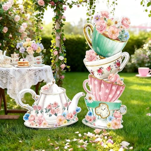 Panelee Wonderland Tea Party Yard Decoration, Wonderland Garden Yard Sign Stand Set Stacked Teacups and Teapot with Brackets for Tea Party Birthday Halloween Outdoor Decoration(Elegant Style) by Panelee