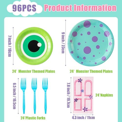 Monster Birthday Party Supplies - 96pcs Paper Plates Napkins Plastic Forks Kids Girl Boy Little Birthday Party Table Decorations Monster Themed Disposable Cake Tableware Set for 24 Guests - Image 2