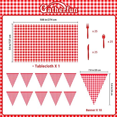 Gatherfun Gingham Red and White Party Supplies Disposable Paper Plates Napkins Cups Knives Spoons Forks Tablecloth Banner for Birthday Party Family Dinner Picnic Barbecue Mother's Day Party, Serve 25 - Image 2