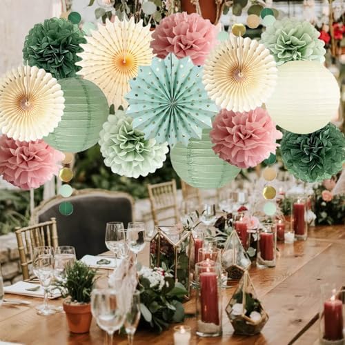 Sage Green and Dusty Pink Party Decorations Green & Pink Party Decor Sage Tissue Pom Poms Paper Lanterns Beige Paper Fans for Women Girls Birthday Wedding Bridal Shower Baby Shower Party Decor - Image 4