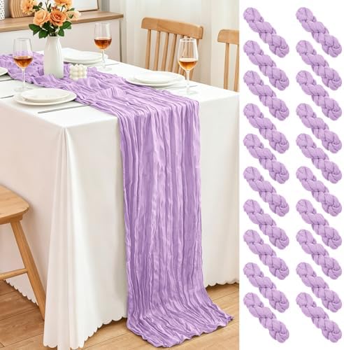 20 Pack Lilac Purple Lavender Cheesecloth Table Runner, 17x108 Inch Semi Sheer Boho Gauze Cheese Cloth Fabric Table Runners for Wedding Party Baby Shower Birthday Garden Farmhouse Table Decor by Yemosa