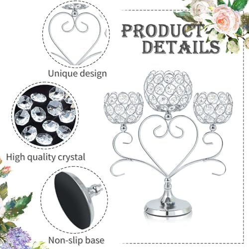 2 Pcs 3-Arm Heart Tea Light Candle Holder - Crystal & Metal Wedding Centerpiece Decor, Sparkling Table Decor for Anniversaries/Romantic Tabletop Home/Dinner Party/Events (2, Silver) - Image 3
