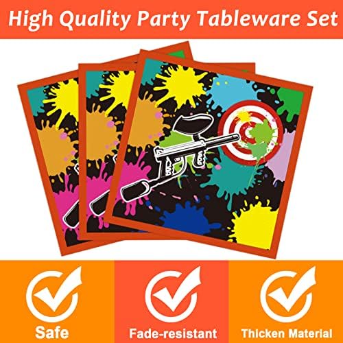 96 Pcs Paintball Birthday Party Supplies Neon Glow Tableware set Paper Plates Napkins Supplies For Paint Ball Gun Shooting Splatter Bomb Buster Splash Rainbow Color Theme Party Favors 24 Guests - Image 3