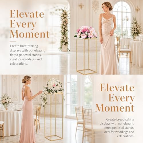 3PCS Square Metal Pedestal Stands, Gold Display Columns for Party Decorations, Wedding Cake Table Stands with Removable Acrylic Top, Sturdy Iron Nesting Riser for Flowers, Vases, and Dessert Displays (23.6", 31.5", 39.3" Heights) - Image 7
