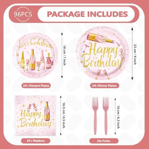 96Pcs Pink Rose Wine Champagne Birthday Party Supplies, Serves 24 - Image 5