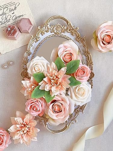 FACINOC Roses Artificial Flowers Peach Pink Bouquet Fake Flower Box Set - Image 3