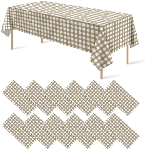 12 Pack Brown and White Plastic Checkered Tablecloth, Premium Decorative Disposable Tan Gingham Plaid Table Cloths for Parties, Rectangle Party Table Cover for Picnic Farm Birthday Fall, 54x108 Inch by RAGNHILD
