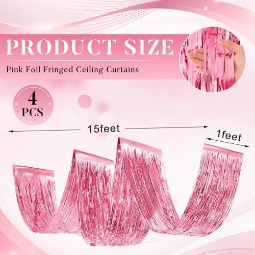 Breling 4 Pcs Pink Ceiling Fringe Curtains, Metallic Foil Drapes, 15 ft - Image 2