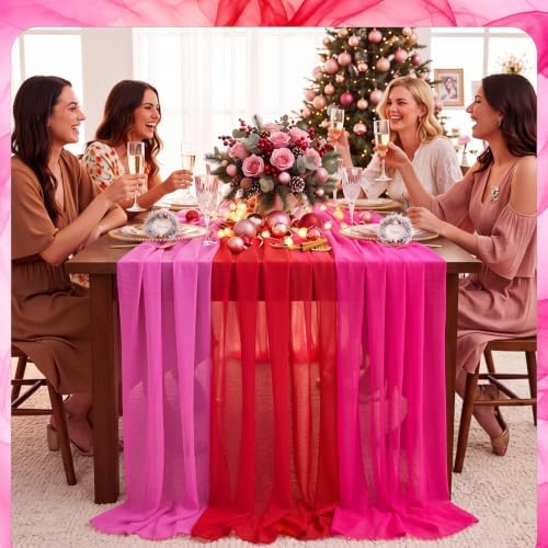 Boao 6 Pcs Pink Christmas Decorations Red and Pink Chiffon Table Runner - Image 4