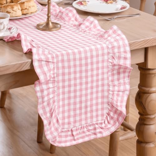 Artoid Mode Pink Farmhouse Plaid Gingham Ruffle Table Runner, Seasonal Scalloped Spring Kitchen Dining Table Decoration for Home Party Decor 13x36 Inch by ArtoidMode