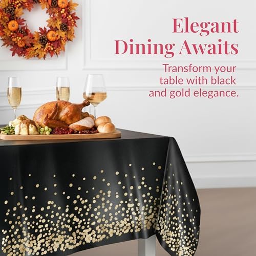 Prestee 4 Pack Gold and Black Table Cloth Rectangle Table Covers 54 x 108 Inches - Plastic Table Cloth Disposable for Parties, Dining and Events - Black Tablecloths for Weddings and Celebrations - Image 2