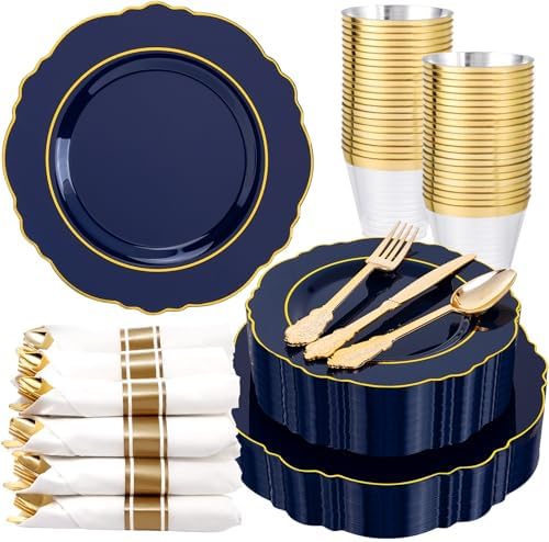 Liacere 350PCS Navy Blue Plastic Patriotic Plates-Disposable Blue Gold Plates 50guest Plastic Dinnerware include 100Plates,50Pack Pre Rolled Napkins with Silverware 50Cups for Party/Wedding/Halloween by Liacere