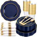 Liacere 350PCS Navy Blue Plastic Patriotic Plates-Disposable Blue Gold Plates 50guest Plastic Dinnerware include 100Plates,50Pack Pre Rolled Napkins with Silverware 50Cups for Party/Wedding/Halloween by Liacere