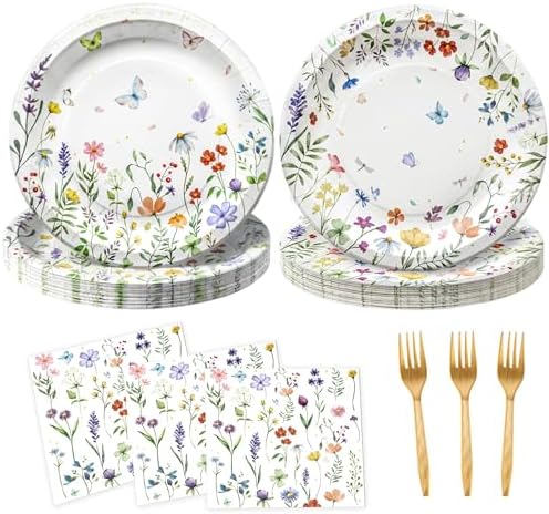 Floral Paper Plate and Napkin Set, Wildflower Party Decorations, Serves 25 by OuMuaMua