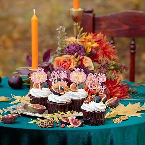 24Pcs Pumpkin Oh Baby Cupcake Toppers Glitter Baby Feet Pumpkin Cupcake Picks for Fall Theme Baby Shower Kids Birthday Party Cake Decorations Supplies Pink - Image 4