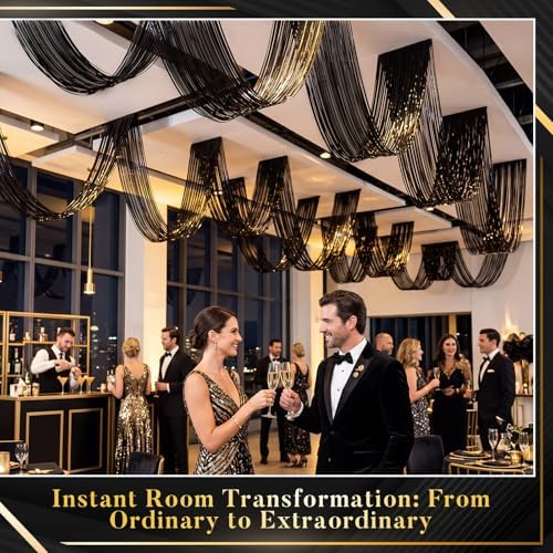 Breling 4 Pcs Black Ceiling Fringe Curtains, Metallic Foil Drapes, 15 ft - Image 6