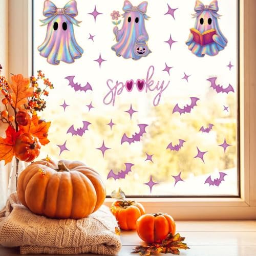 6 Sheets Halloween Window Clings Decorations Cute Ghost Bat Window Stickers Static Spooky Glass Window Sticker Decals for Home Office Classroom Party Haunted House Seasonal Decor - Image 5