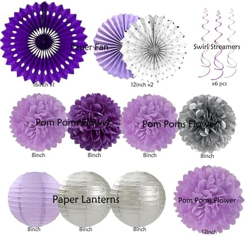 Purple Silver Birthday Party Decorations Kit with Happy Birthday Banner, Paper Lanterns, Streamers, Tissue Pom Poms, Honeycomb Flower Fans, Silver and Purple Balloons, & More for Women Girls' Party - Image 2