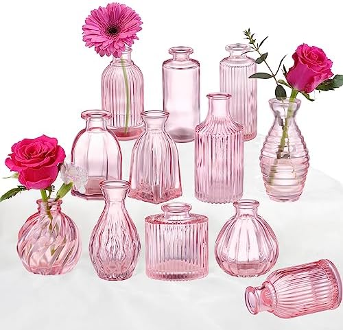 Pink Vase, Bud Vases Set of 12, Small Pink Glass Vases for Flowers Modern Ribbed Glass Bud Vase for Decor Wedding Flower Vase in Bulk Vintage Decor Bridal Shower Centerpieces Home Table Decoration by PHUNTTEK