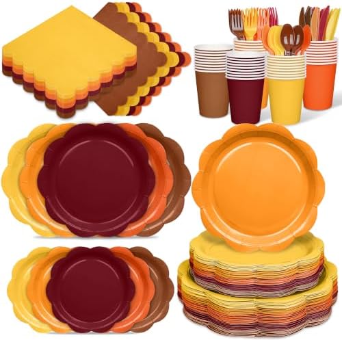 350 Pcs Orange Brown Fall Party Supplies - Red Orange Yellow Autumn Tableware set Include Gradient Scalloped Plate Napkin Cup & Cutlery for Thanksgiving, Fall Wedding, Harvest Party by Unknown