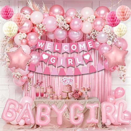 Pink Baby Shower Decorations- Girls Shower Decor Set with- Welcome Baby Banner, Clothes Banner, Fringe Curtains, Cake Topper, Honeycomb Ball, Dusty Pink Balloon and Aluminum foil Balloons (Girl) by Unknown