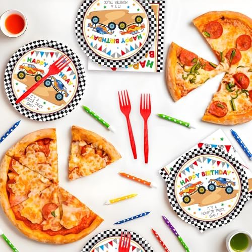 72Pcs Racing Car Party Plates and Napkins Monster Truck Birthday Party Supplies Disposable Checkered Race Tableware Set for Boys Birthday Wheel Sports Baby Shower Decorations Serves 24 - Image 5