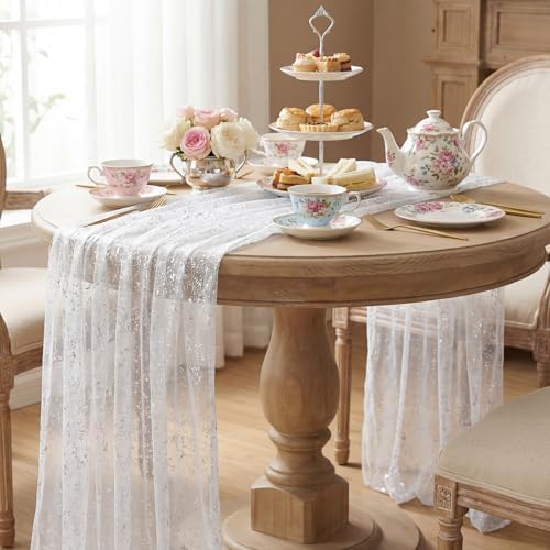 Artoid Mode White Silver Gauze Table Runner 59x120 Inch 10FT, Glitter Metallic Foil Sheer Dining Holiday Wedding Anniversary Birthday Table Decor for Home Party - Image 4