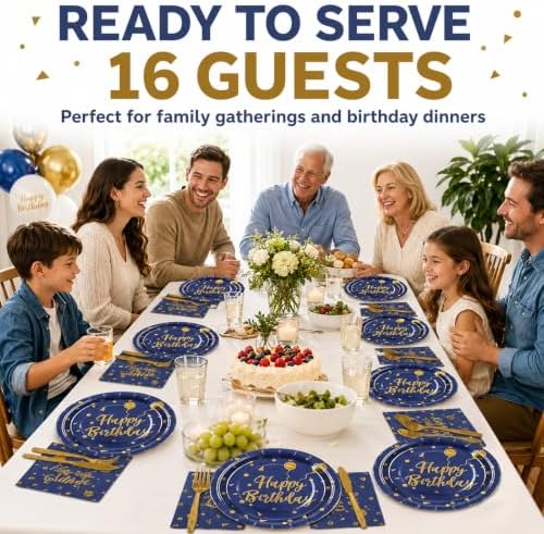 48PCS Happy Birthday Plates and Napkins Party Supplies, Blue and Gold Disposable Paper Plates and Napkins with Forks Tableware Set for Birthday Party Decorations 16 Guests - Image 5
