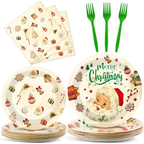 Qyeahkj 100 Pcs Christmas Xmas Party Paper Plates and Napkins, Vintage Holiday Party Supplies Birthday Party Tableware Set Table Decorations Favors with Forks for Girls Boys Kids Serve 25 by Qyeahkj