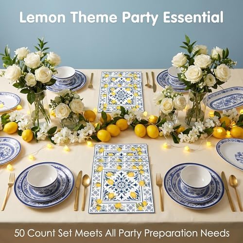 50PCS Tiles Lemons Napkins 13 x 13 Inches, Blue Yellow Citrus Decorative Paper Napkins Luncheon Dessert Cocktail Napkins Disposable for Spring Summer Picnic Wedding Birthday Decorations (Lemon) - Image 5