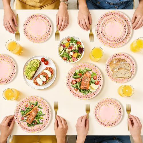 150 Pcs Pink and Gold Paper Plates Party Supplies,Serves 50 Guests 7" 9" Pink Gold Plates and Gold Plastic Forks,Disposable Paper Tableware Set for Birthday Wedding Bridal Shower Decorations - Image 5